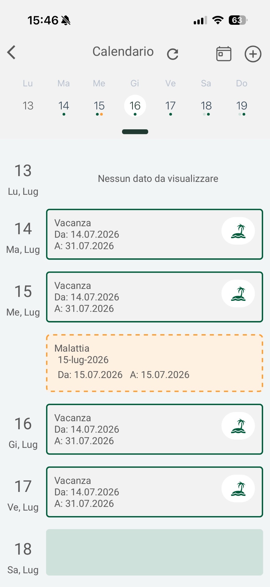 Calendario ferie e assenze del portale collaboratori LogaHR su mobile
